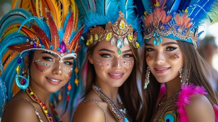 Portrait of three beautiful women in colorful headdress at carnival - obrazy, fototapety, plakaty
