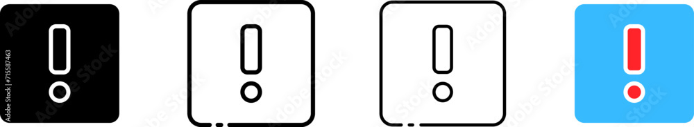 Poster exclamation mark icons set. different styles, exclamation mark in a square. vector icons