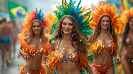 Unidentified Carnival dancer on the parade on Brazil Street Parade. - obrazy, fototapety, plakaty