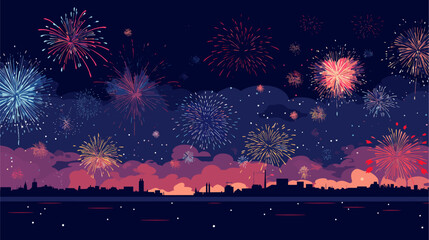 Vectorized fireworks exploding in a night sky, symbolizing the excitement and grandeur of a special occasion or New Year's Eve party. simple minimalist illustration creative - obrazy, fototapety, plakaty