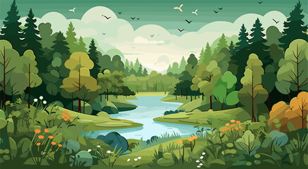 Vector illustration of a paper-cut forest scene, creating charming and nature-inspired backgrounds for woodland-themed designs. simple minimalist illustration creative