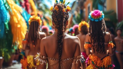 Rear view of a young woman with dreadlocks dancing in a colorful costume.