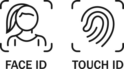 Touch ID and Face ID icons. ID - identity document. Facial recognition, Touch and finger system identification. Face scan. Vector illustration