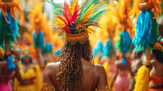 Rear view of a young African American woman in a colorful headdress with feathers.