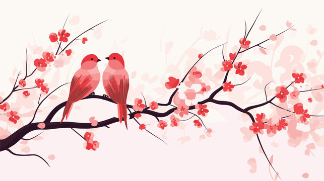 Naklejki Small minimalist background illustration, line art style. one line, creative,anime. Vectorized birds in love perched on blooming branches, symbolizing the affectionate and natural motifs associated