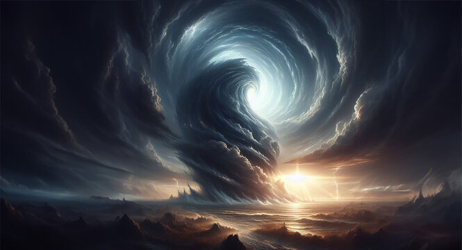 une &eacute;norme tornade en spirale qui s'&eacute;l&egrave;ve vers le ciel, dans une ambiance obscure et temp&ecirc;tueuse, dans un paysage panoramique, dans un style hyperr&eacute;aliste tres dynamique avec beaucoup de mouvement