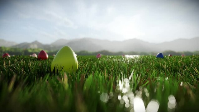 Colorful Easter eggs scattered on a green meadow, fly over