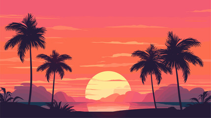 Fototapeta na wymiar Vectorized palm tree silhouettes against a sunset sky, representing the tropical and relaxing atmosphere found in coastal locations. simple minimalist illustration creative