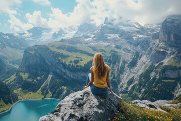 Active woman enjoys the beautiful scenery of the majestic mountains - obrazy, fototapety, plakaty