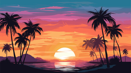 Fototapeta na wymiar Vectorized palm tree silhouettes against a sunset sky, representing the tropical and relaxing atmosphere found in coastal locations. simple minimalist illustration creative