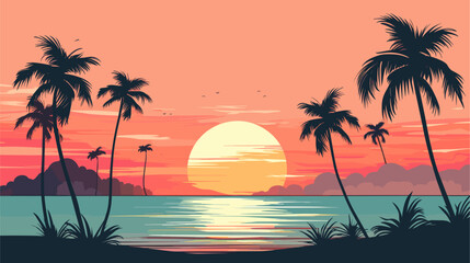 Vectorized serene beach sunset scene with palm trees, embodying the tranquil and picturesque atmosphere of a tropical paradise. simple minimalist illustration creative