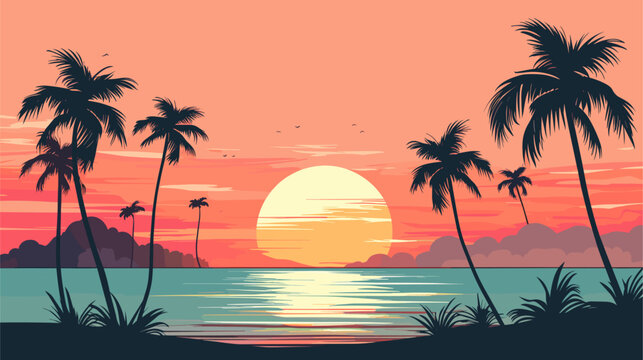 Vectorized serene beach sunset scene with palm trees, embodying the tranquil and picturesque atmosphere of a tropical paradise. simple minimalist illustration creative