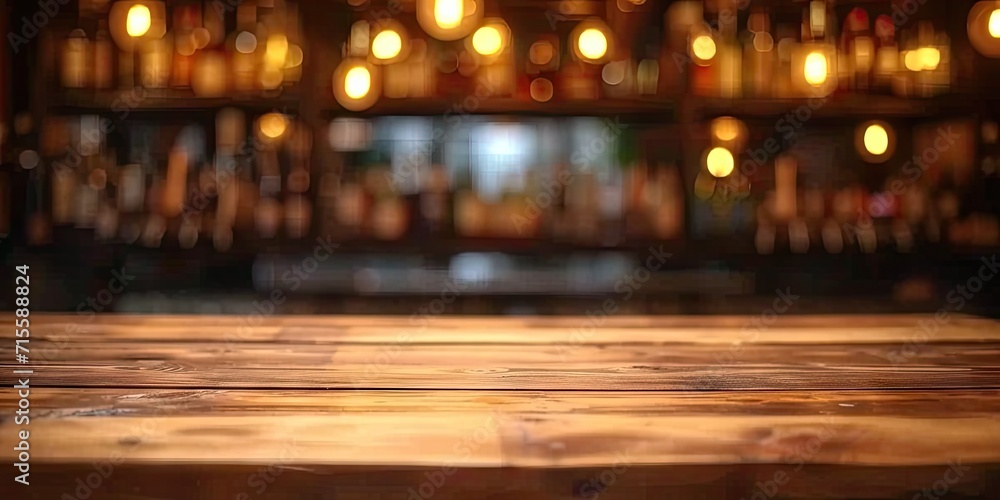 Poster empty wooden table set in bar or pub counter defining interior of cafe light casting blurred shadows