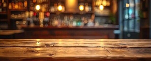Empty wooden table set in bar or pub counter defining interior of cafe light casting blurred shadows in restaurant drink ambiance at night top view against dark background desk space - obrazy, fototapety, plakaty