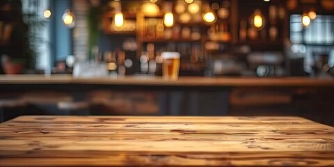 Empty wooden table set in bar or pub counter defining interior of cafe light casting blurred...