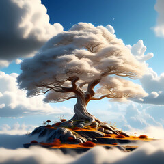 Majestic Solitary Tree Above Clouds at Sunset With Golden Leaves