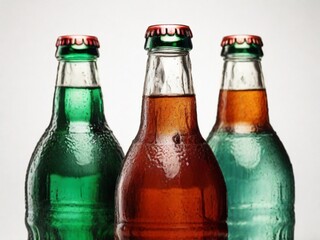 close up of three soda bottles isolated on white background 