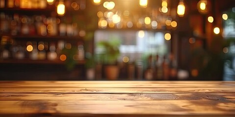 Empty wooden table set in bar or pub counter defining interior of cafe light casting blurred shadows in restaurant drink ambiance at night top view against dark background desk space - obrazy, fototapety, plakaty