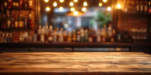 Fototapeta na wymiar Empty wooden table set in bar or pub counter defining interior of cafe light casting blurred shadows in restaurant drink ambiance at night top view against dark background desk space