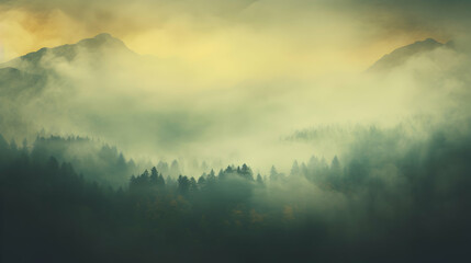 Obraz na płótnie Canvas Fog, mist and clouds with subtle gray tones over forest and mountains. Magic panorama wallpaper. Generative ai.