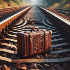 an old and reliable, large brown travel suitcase with straps that fasten, is always ready for travel and stands on the rails of the railway - obrazy, fototapety, plakaty