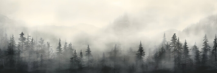 Fog, mist and clouds with subtle gray tones over forest and mountains. Magic panorama wallpaper. Generative ai.