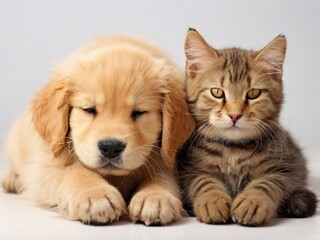 kitten and puppy isolated on white background 