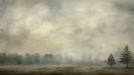 Fog, mist and clouds with subtle gray tones over forest and mountains. Magic panorama wallpaper. Generative ai.