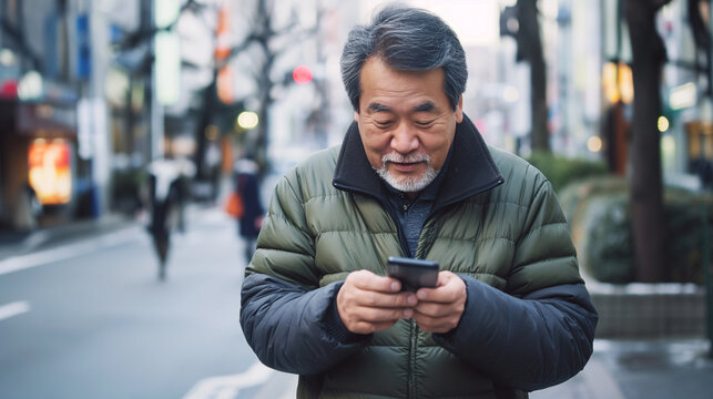 Homem japones de meia idade usando um celular 