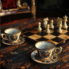 Tea cups and chess board on table.  Made with generative ai