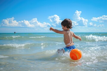 Kid playing with ball in the sea on summer vacation