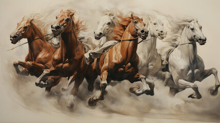 Apocalypse of the Four Horsemen. Dynamic horse riding. Illustration of the destruction of the world. Generative ai.