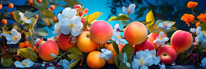 Fototapeta na wymiar Fruits and bright summer flowers on a background of blue foliage in a fairy garden. Seasonal wallpaper, panoramic header, raw food, generative ai