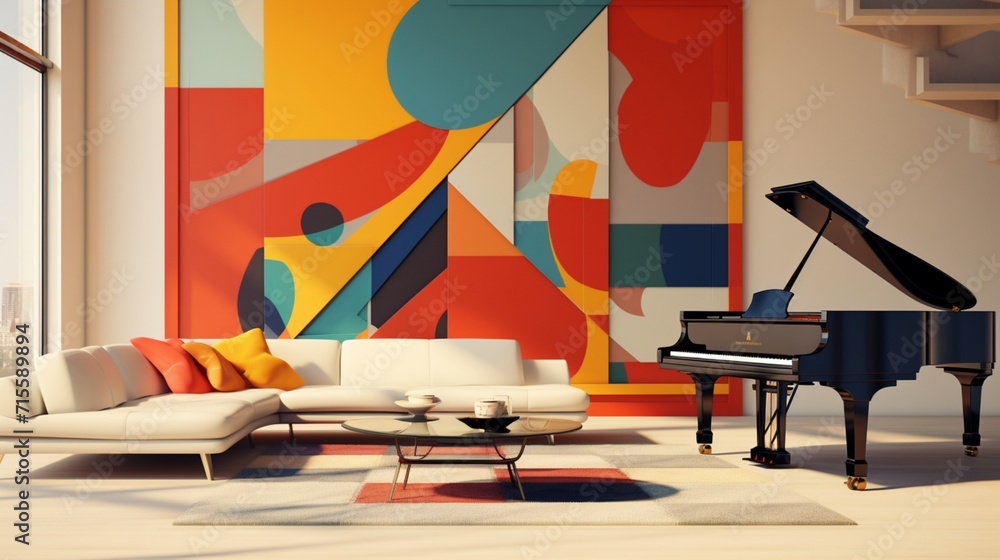 Poster stylish mid-century modern record player in a sophisticated interior with retro vibes - ai-generativ