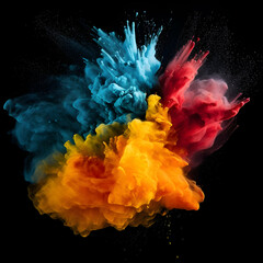 Fototapeta premium Powder explosion isolated on dark black background. Colored paint splash, generative ai