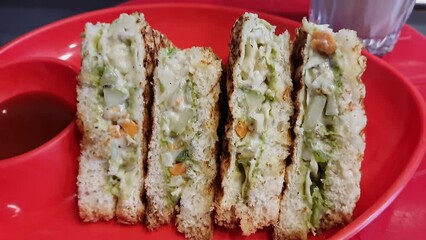 Closeup video of grilled vegetable mini sandwiches with ketchup served on a red plate