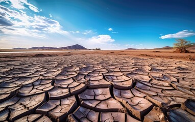 Expansive Cracked Earth Under a Clear Blue Sky in a Arid Desert Landscape