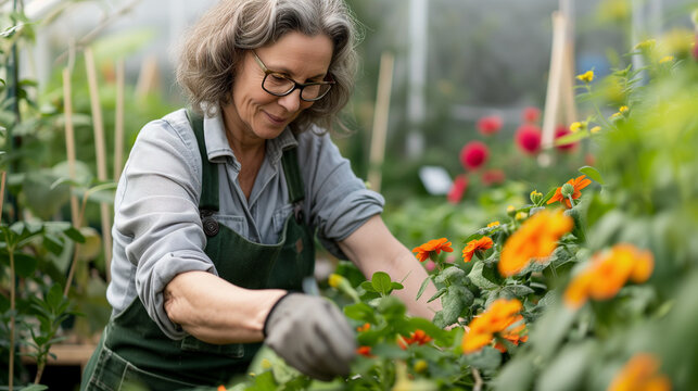 An elderly gray-haired woman works in a greenhouse