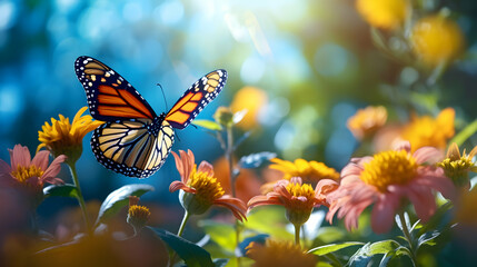 Monarch orange butterfly and bright summer flowers on seasonal background of blue foliage in a fairy garden. Spring summer wallpaper. Generative ai.