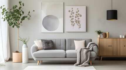 Grey couch with blanket and pillows in minimal living room interior with mockup poster above. Generative ai. 