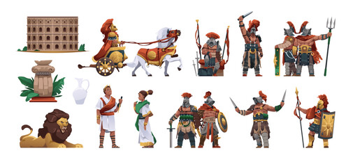 Ancient Rome citizens. Cartoon ancient roman man and woman, antique roman army and gladiator character in armor, persons in historic clothes. Vector set