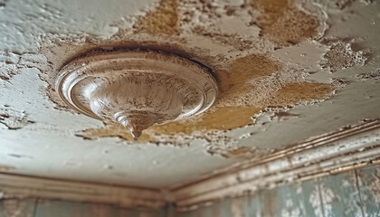 Water damaged ceiling roof, brown stain, mold, renovation concept