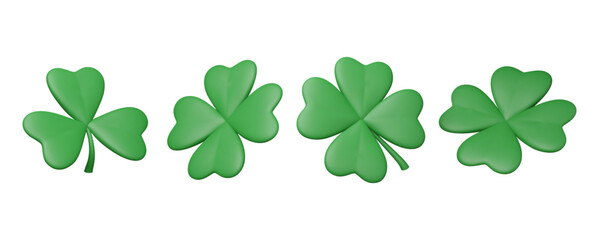 Set of green clover leaves in different angles. 3D shamrock. St. Patrick's Day element render in plastic style. Cartoon vector illustration isolated on white background. Traditional irish symbol. - obrazy, fototapety, plakaty