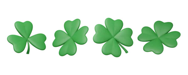 Foto op Plexiglas Set of green clover leaves in different angles. 3D shamrock. St. Patrick's Day element render in plastic style. Cartoon vector illustration isolated on white background. Traditional irish symbol. © Marina