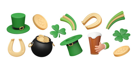 Set of 3D St. Patrick's Day elements in plastic style. Pot of gold, leprechaun green hat, beer in hand, golden coins and horseshoe, shamrock and clover, isolated rainbow. Vector illustration.