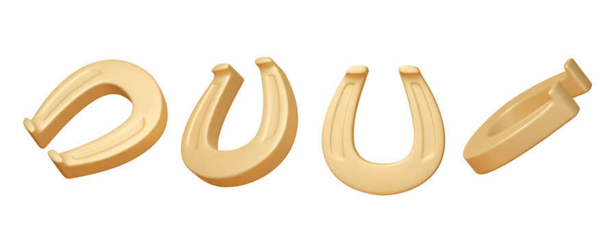 Set of golden 3d horseshoe in different angles. St. Patrick's Day shiny element render. Cartoon vector illustration isolated on white background.