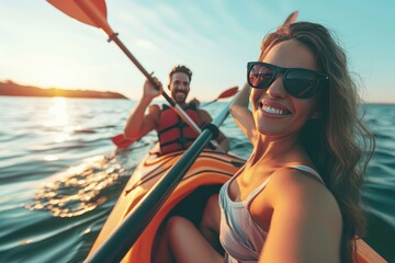 Beautiful young couple kayaking on lake together and smiling