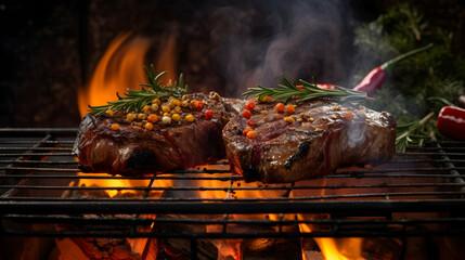 Roast beef steaks with vegetables and spices fly over the blazing grill barbecue fire. Seasonal background. - obrazy, fototapety, plakaty