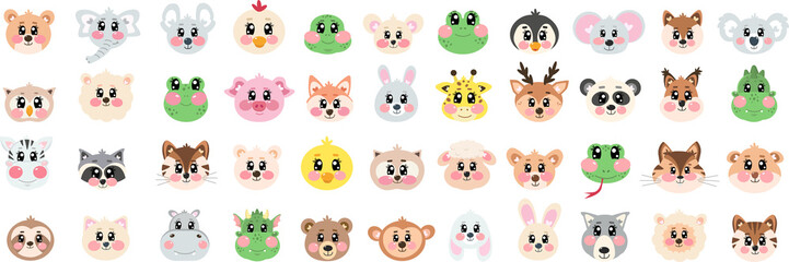 Set, collection of cute head, face animals on png transparent background. Happy fun joy face kawaii pets for kids. Cartoon kawaii cutie zoo, wild animals vector illustration - obrazy, fototapety, plakaty