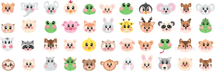 Fototapete Nette Tiere Set Set, collection of cute head, face animals on png transparent background. Happy fun joy face kawaii pets for kids. Cartoon kawaii cutie zoo, wild animals vector illustration